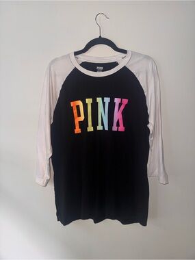 Victoria’s Secret PINK Rainbow Letter Baseball Tee - Black with White Sleeves